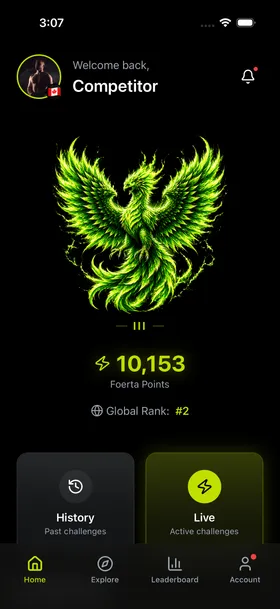 The Foerta app home screen, showing a competitor's Foerta Points total and their global rank