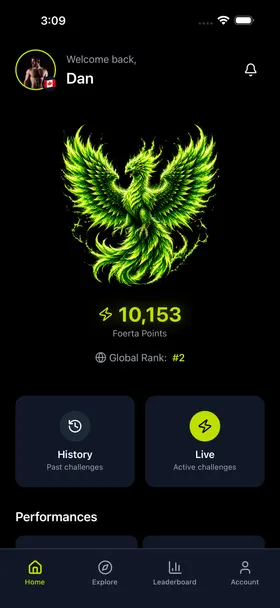 Foerta app home screen — 10,153 Foerta Points, Global Rank #2